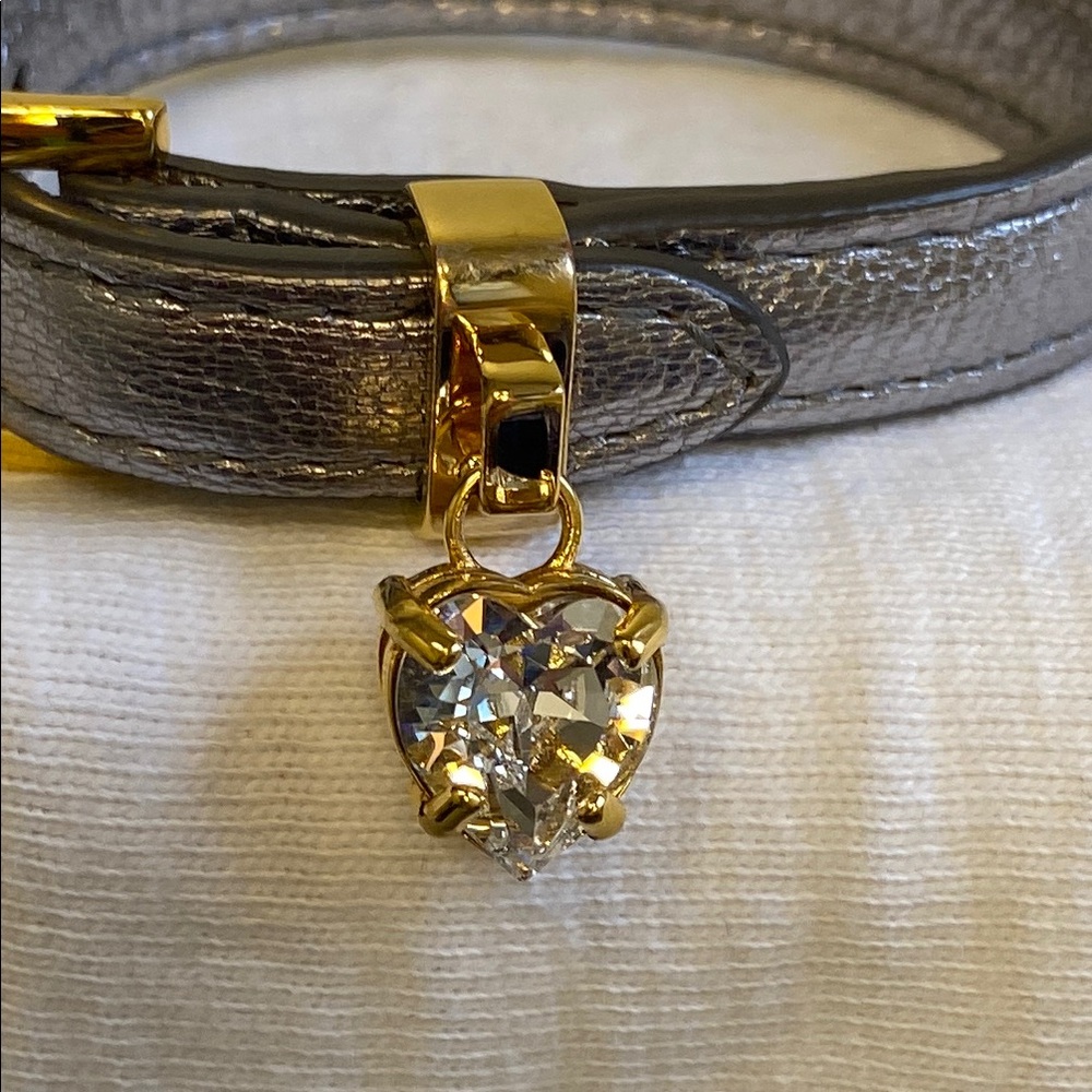 Miu Miu Silver Metallic Leather Bracelet with Goldtone Metal & Rhinestone (7.5") - Picture 4 of 6